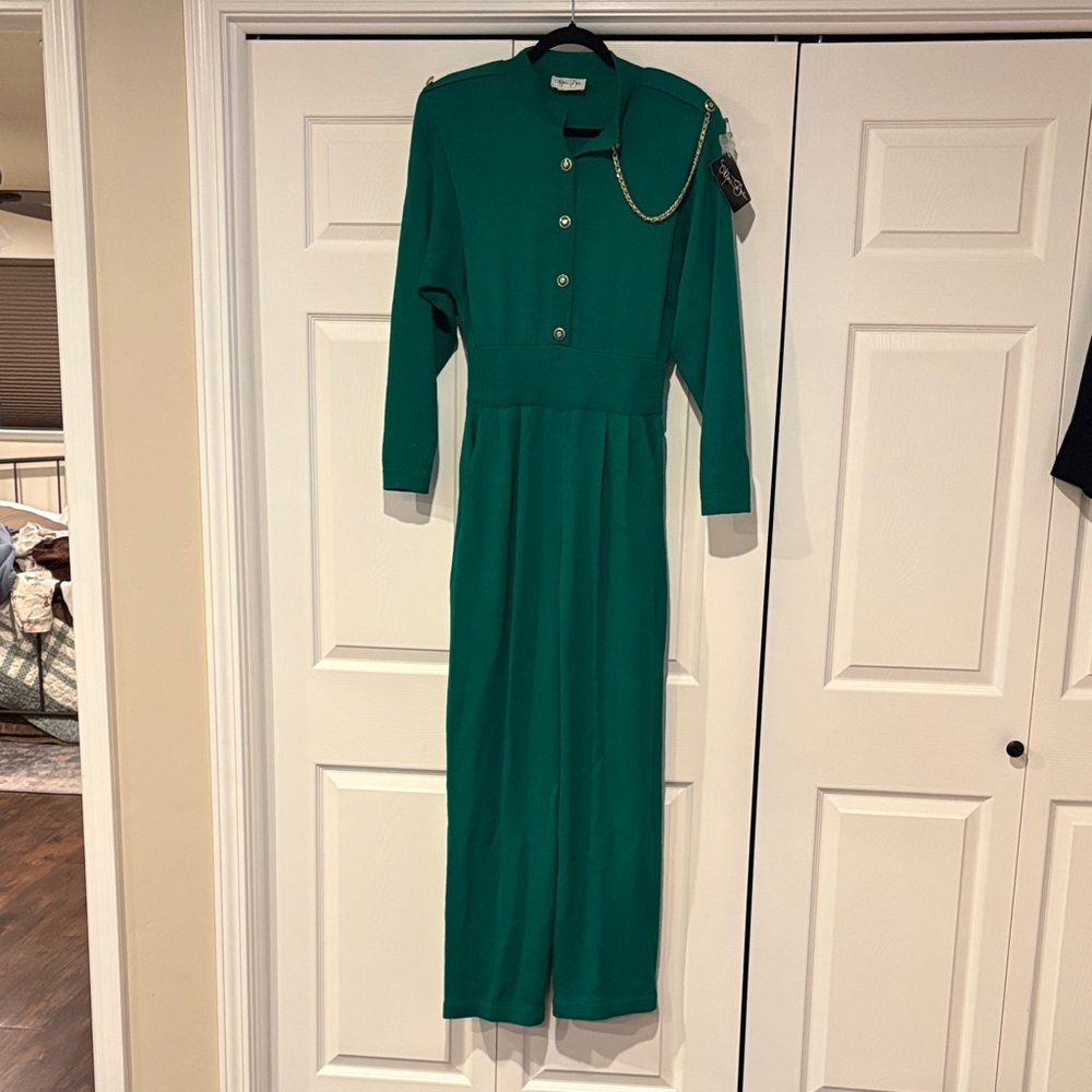 St. John Green Vintage Jumpsuit with Gold Accents NWT